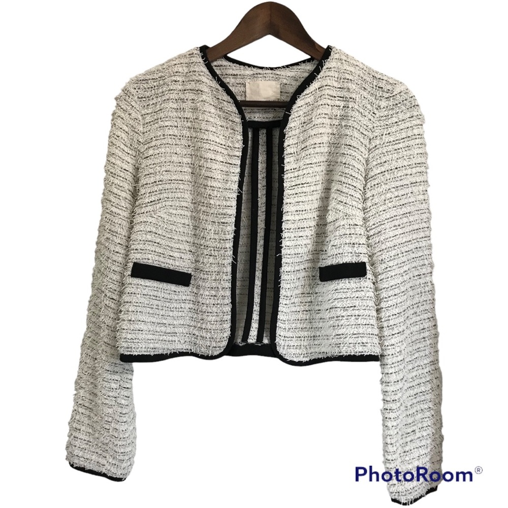 Mustard Seed Anthropology Eyelash Off White Black Open Knit Front Jacket Blazer